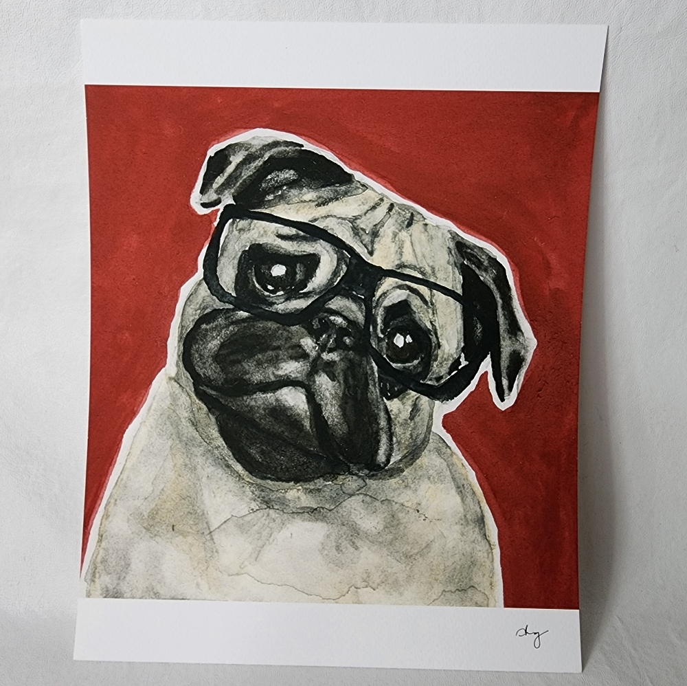 Pug Dog in Eyeglasses Portrait Print Red Background 8" x 10" Limited Edition